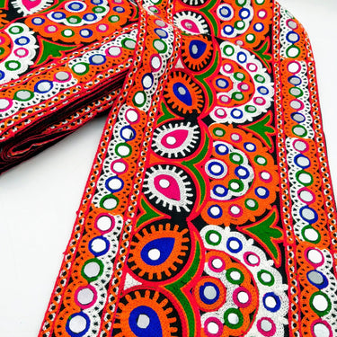 Black Cotton Fabric Trim with Multicolor Embroidery and Real Mirror, Kutch Embroidery Trim, Paisley Decorative Border